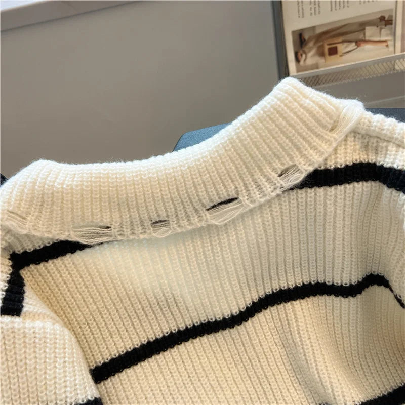 Hnewly  Short Sweater Women's Autumn Winter 2025 New Stripe Hollow Out Fashion Star Letter Knitwear Long Sleeve Top Thicked Pullover