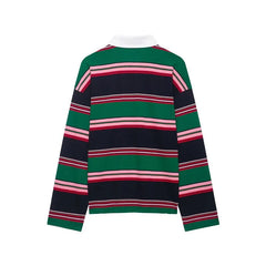 Hnewly  Women's Striped Long Sleeve Polo Shirt, Retro Colorblock Pullover, Casual Stripe Knit Blouse