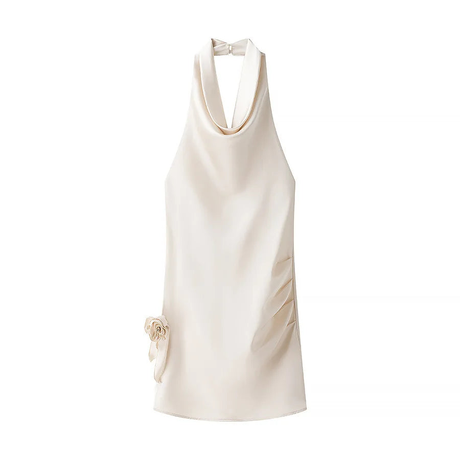 Hnewly   3D Flower Satin Halter-neck Short Dress 2025 New Fashion Beige Slim Sleeveless Dresses Backless Summer Party Dress For Women