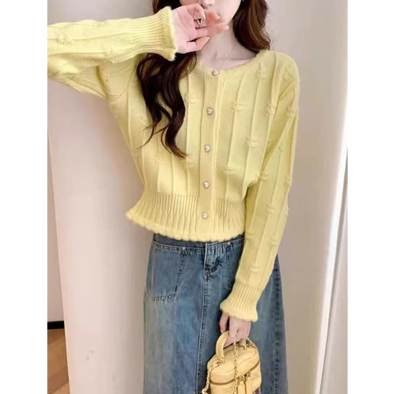 Hnewly  Cute Crop Cardigan for Women Hollow-out Openwork Button Up Knit Sweater Jacket Teen-girl Spring Autumn Fairycore Outfit