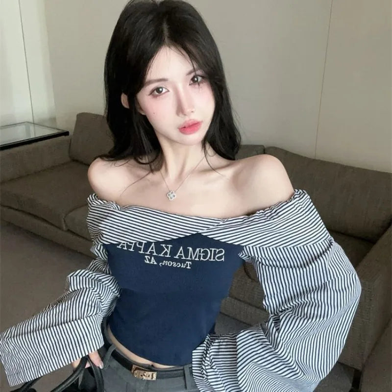 Hnewly  American Retro Striped Slim Fit Shirts Women Y2k Off Shoulder Long Sleeved Blouses Korean Fashion Letter Print Tops Mujer