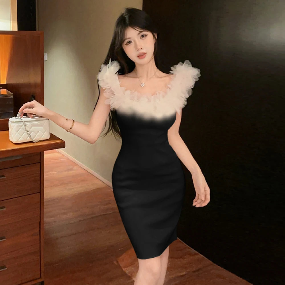 Hnewly  Woman Dress Petal Patchwork Off Shoulder Slim Stretch Backless Sweet Sexy Elegant Knitted Dresses Female Fashion Party