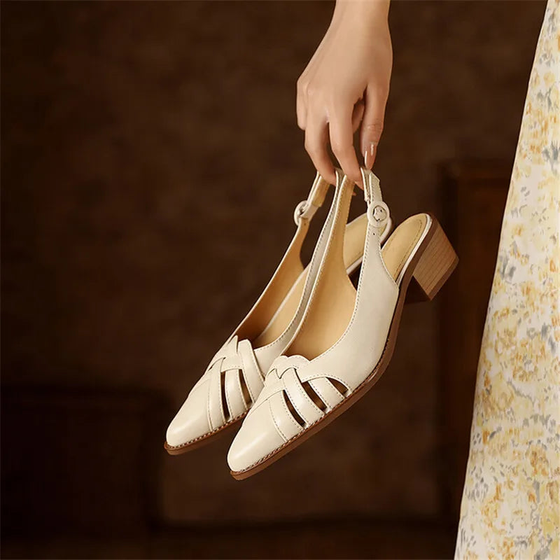 Hnewly Summer Sandals Genuine Leather Sandals Casual French Retro Pointed Toe Hollow Out GLADIATOR Sheepskin Sandals Thick Heel Shoes