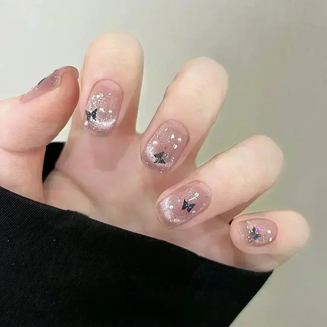 Hnewly 24pcs Detachable Short Press on Nails Y2k rhinestone False Nails with Glue Ballet Sweet Cool Girls Artificial False Nails Tips