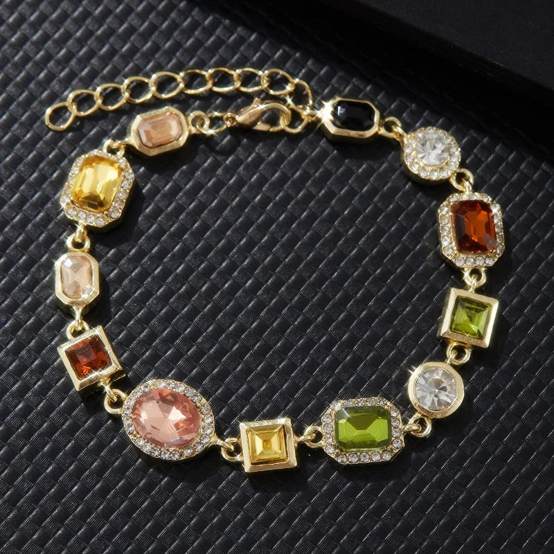 Hnewly  Beautiful Multi Shape Colorful Cubic Zirconia Link Chain Bracelets for Women Adjustable Trendy Hand Jewelry