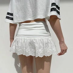 Hnewly Fairycore White Lace Pleated Skirt with Shorts Cute Coquette Low Rise Patchwork Super-short Mini Skirts Ladies y2k Summer