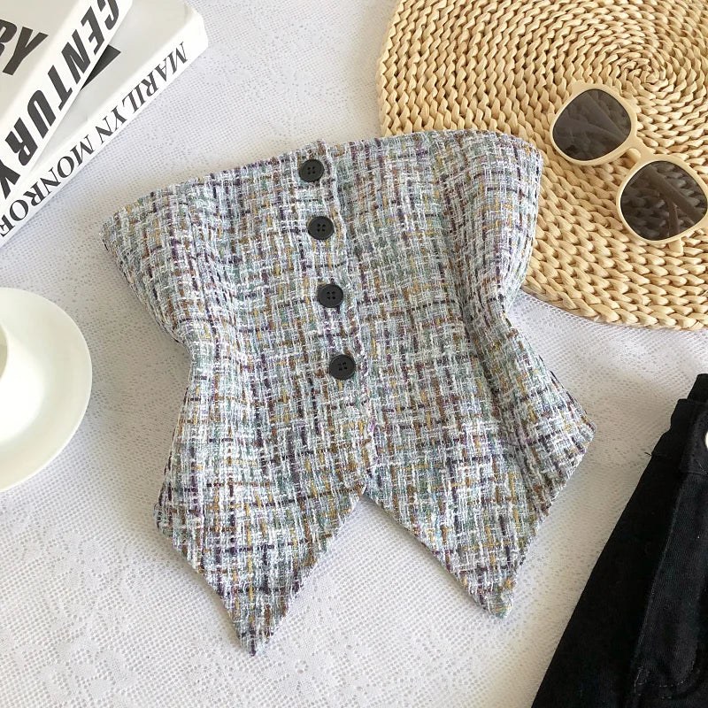Hnewly  Retro Tweed Vest Elegant Off Shoulder Strapless Slim Irregular Short Top Women's Spring Summer Single Breasted Sleeveless Tank
