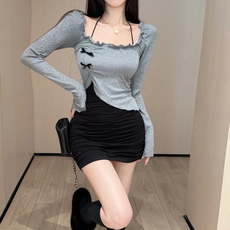 Hnewly Coquette Top y2k Clothes Women Contrast Color Bow Lettuce Trim Smocked Square Neck Long Sleeve T Shirt 2000s Clothing