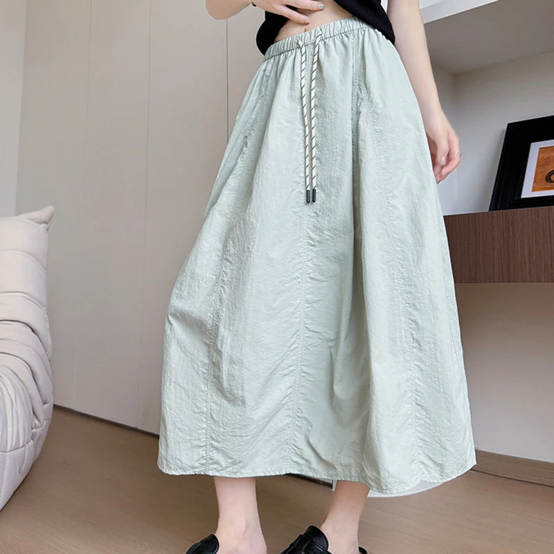 Hnewly  Japanese Quick Drying Cargo Skirt Women Summer Elastic Waist Pocket Umbrella Skirt Woman Solid Color Lace Up Midi Skirts Female