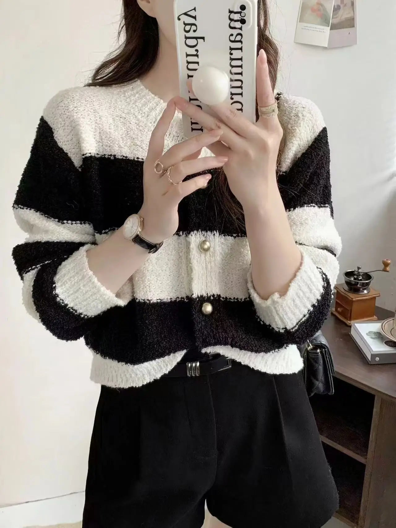 Hnewly  Women's Acrylic Long Sleeve O-Neck Button-Down Striped Cropped Knit Cardigan Ladies Autumn Winter Korean Fashion Knitwear