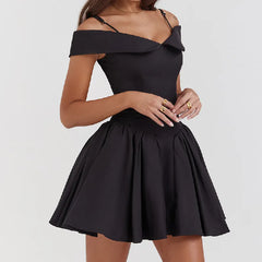Lunivop  Black Sexy V neck Off Shoulder Mini Dress Women Short Sleeve Low Waist Ruched Hem Ball Gown Swing Mini Robe Party White