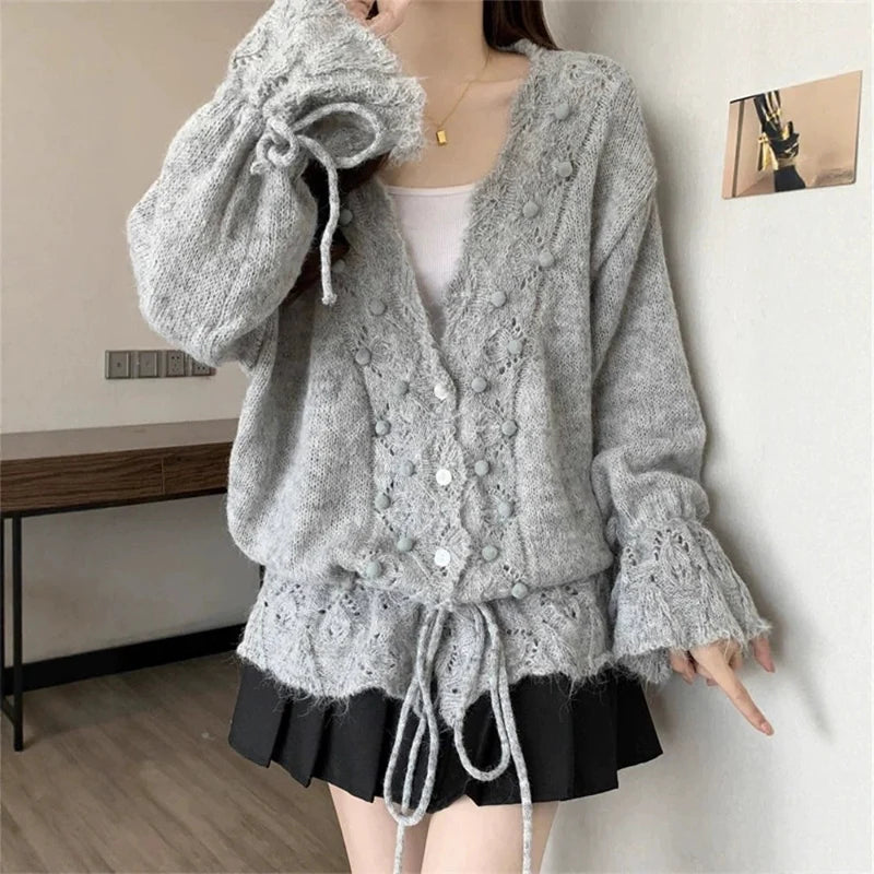 Hnewly  Japanese Style Hollow Cardigan Women Chic V-Neck Single Breasted Knitted Cardigan Woman Loose Drawstring Outwear Female