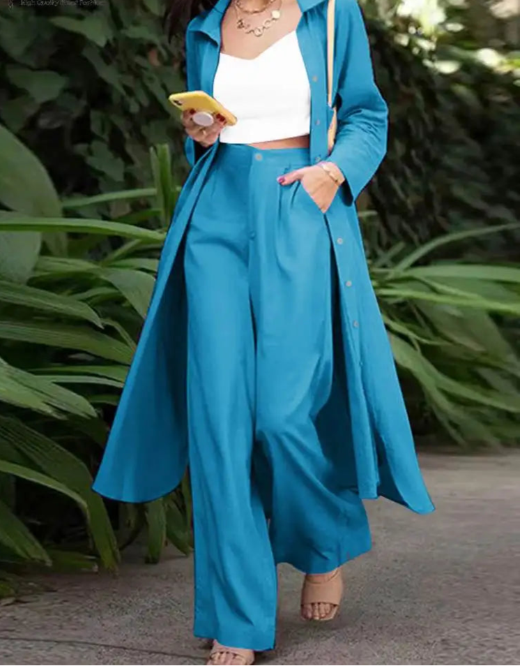 Hnewly Elegant Matching Sets Women Long Sleeve Split Shirt Casual Lapel Button Blouses Wide Leg Trousers Tracksuit Outifits