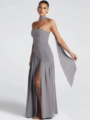 Hnewly  Backless Patchwork Dress Women Summer Draped Side Slit Ribbon Strapless Sleeveless Elegant Birthday Party Vestidos