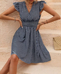 Hnewly  European and American women's summer temperament commuter fashion striped print butterfly sleeve dress