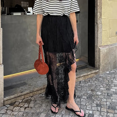 Hnewly Summer New Irregular Black Sexy Design Lace High Waist Slimming and slimming Split Skirt