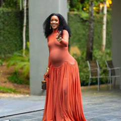 Hnewly  Orange‑Red Maternity Evening Gown with Sheer Mesh Overlay, Wave Waist & Flowing Chiffon Pleated Skirt – Summer Party Dress