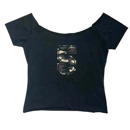 Hnewly  Number 5 Print Off Shoulder T-shirt for Women Sexy Crop Top Slim Fit Tee Shirt Summer New Short Sleeve Tops Mujer