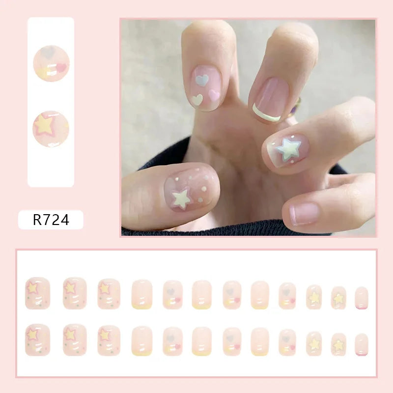 Hnewly 24pcs Gradient False Nails Cute Star Printed Design Fake Nail Short Square Faux Ongles Manicure Nail Stickers Press On Nail Tips