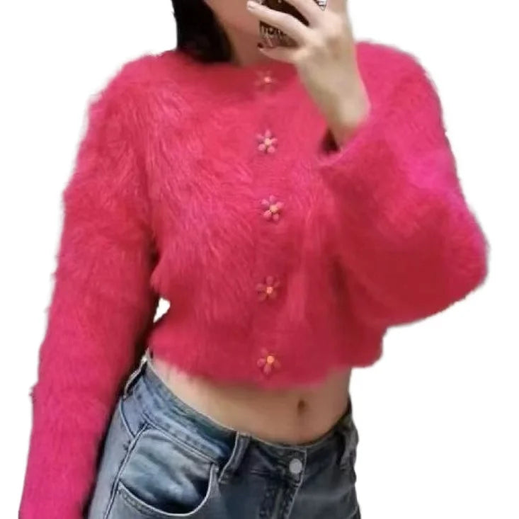 Hnewly  Flower Button Fuzzy Knit Sweater Cardigan Warm Fluffy Button-up Crop Sweater Jacket Knitwear Teen-girl Fall Winter Cute Outfit