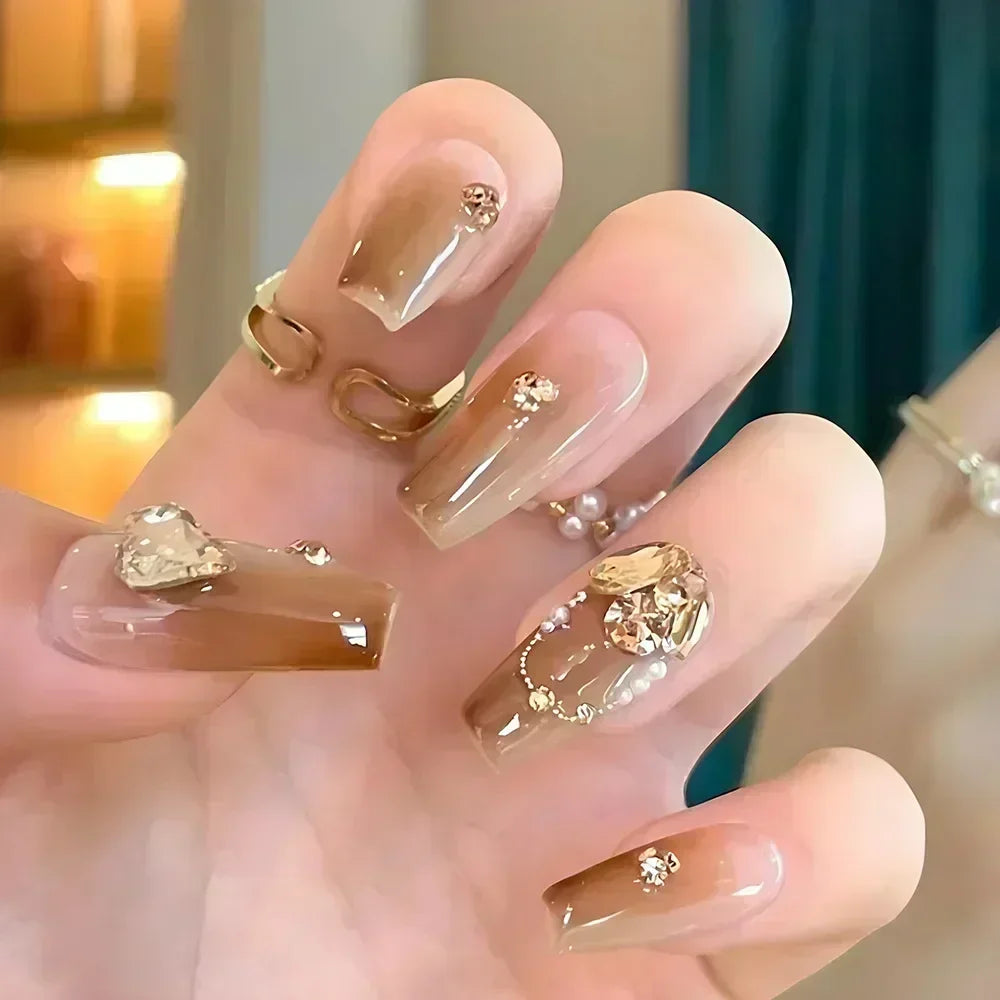Hnewly 24Pcs False Nails French Gradient Ballet Fake Nails Press on Nails Black Heart Rhinestone Design Glitter Full Cover Nail Tips