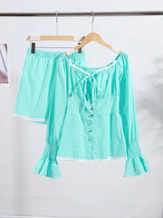 Hnewly  Women's Floral Print 2-Piece Suits Set Puff Sleeve Off Shoulder Top Matching Lace Trim Mini Shorts Summer Elegant Casual Outfit