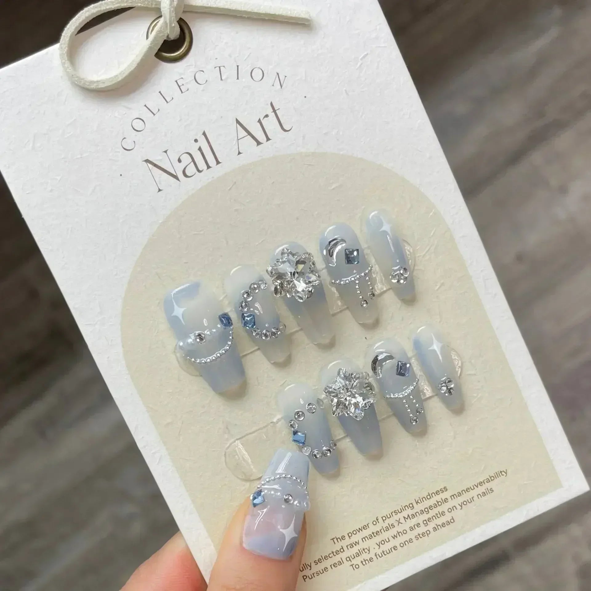 Hnewly 10Pcs Handmade Press on Nails Long Ballet Blue Fake Nails with 3D Ocean Moon Rhinestone Design False Nails Full Cover Nail Tips