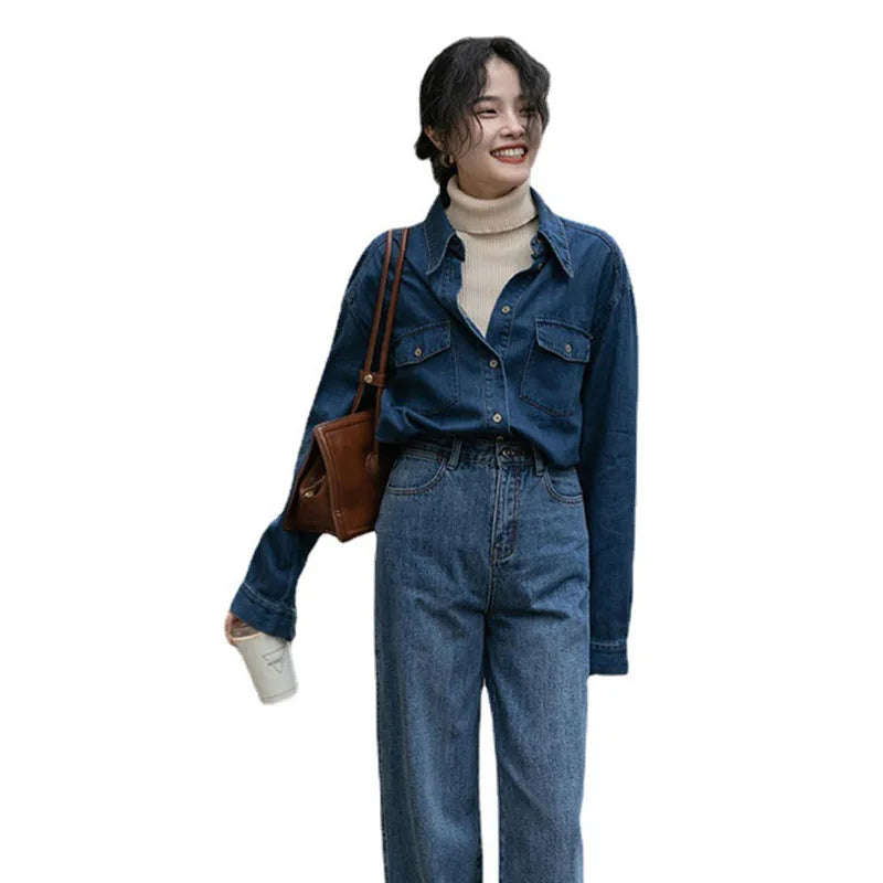 Hnewly  Women Denim Shirt Long Sleeve Polo -Neck French Retro Spring Autumn New Korean Style Slim Washed Denim Coat Femal Casual Shirt