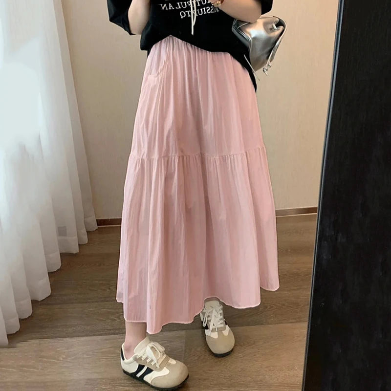 Hnewly  Summer White A Line Skirt Women Korean Fashion Elastic Waist Pleated Long Skirt Woman Solid Color Pocket Mid Skirts Feamle