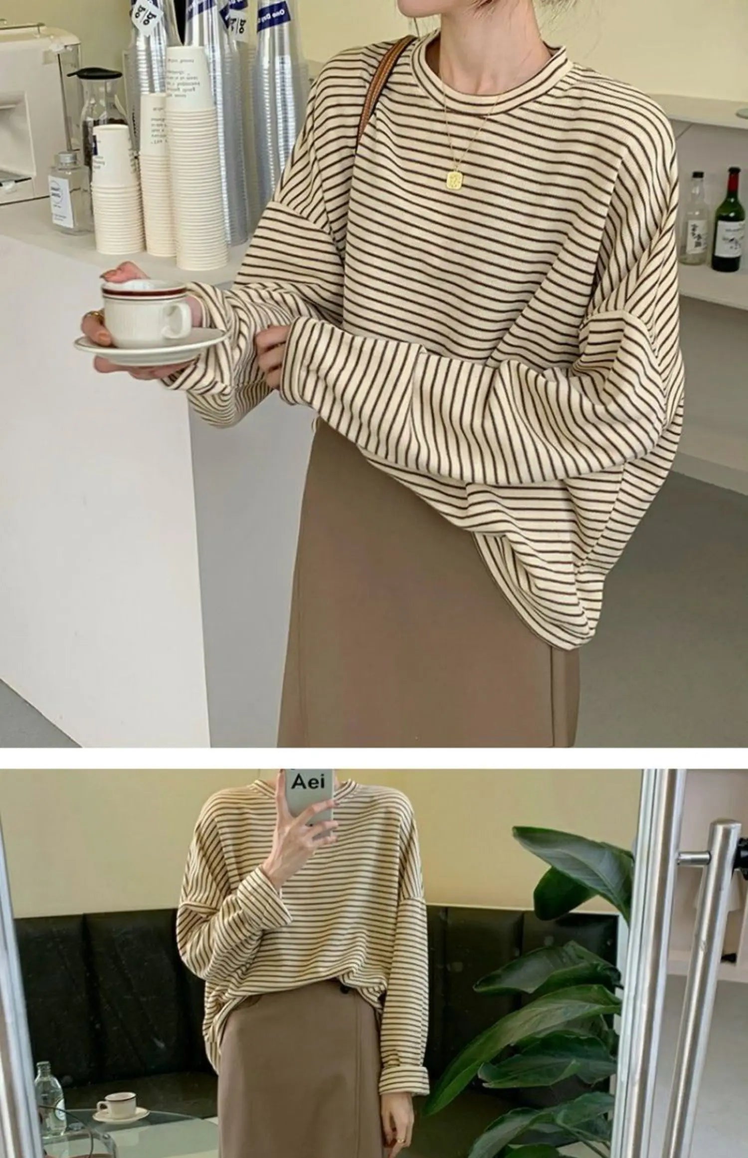 Hnewly  Coffee Stripes Cotton T-Shirts Women Loose Spring Autumn 2023 Lady Casual Full Sleeve O-Neck Chic All Match Tops