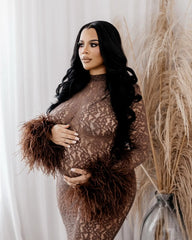Hnewly  Plus Size Maternity Lace Gown with Feather Sleeves, Brown Mermaid Dress for Pregnant Women, Sexy Sheer Long Sleeve Baby Shower