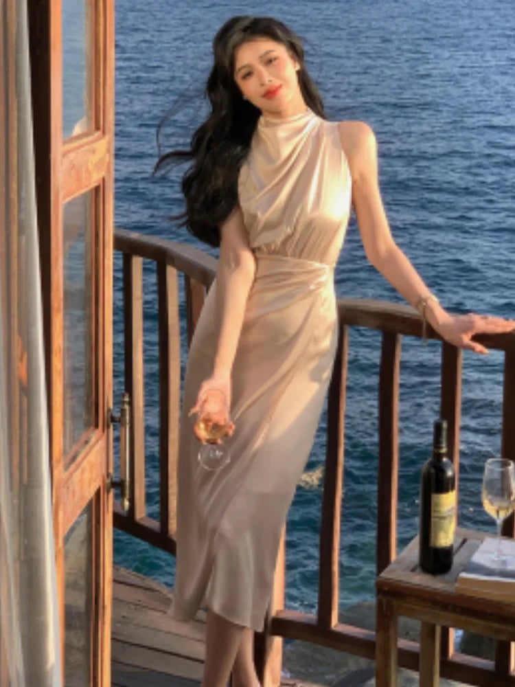 Hnewly Women Summer Halter Satin Midi Party Dress Sleeveless Bodycon Slim Casual Solid Birthday Vestidos Female One Pieces Fashion Robe