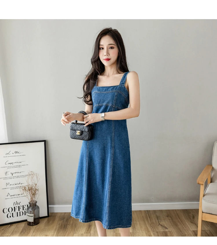 Hnewly  Denim Spaghetti Strap Dress New Summer Women's Retro Strap A-Line Dress Classic Blue Tea-Length Versatile Slim Sun Dresses