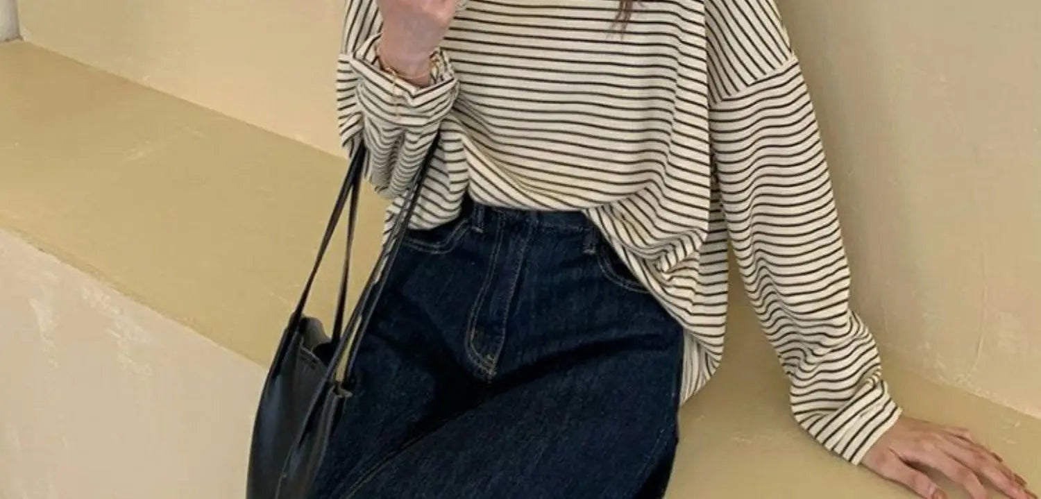 Hnewly  Coffee Stripes Cotton T-Shirts Women Loose Spring Autumn 2023 Lady Casual Full Sleeve O-Neck Chic All Match Tops