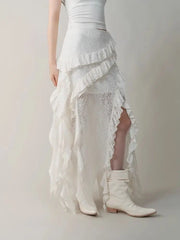 Hnewly  Gothic Black Y2k Skirts Women Gyaru 2000s Lace Irregular Long White Skirt Streetwear Irregular Ruffle Skirts Aesthetic
