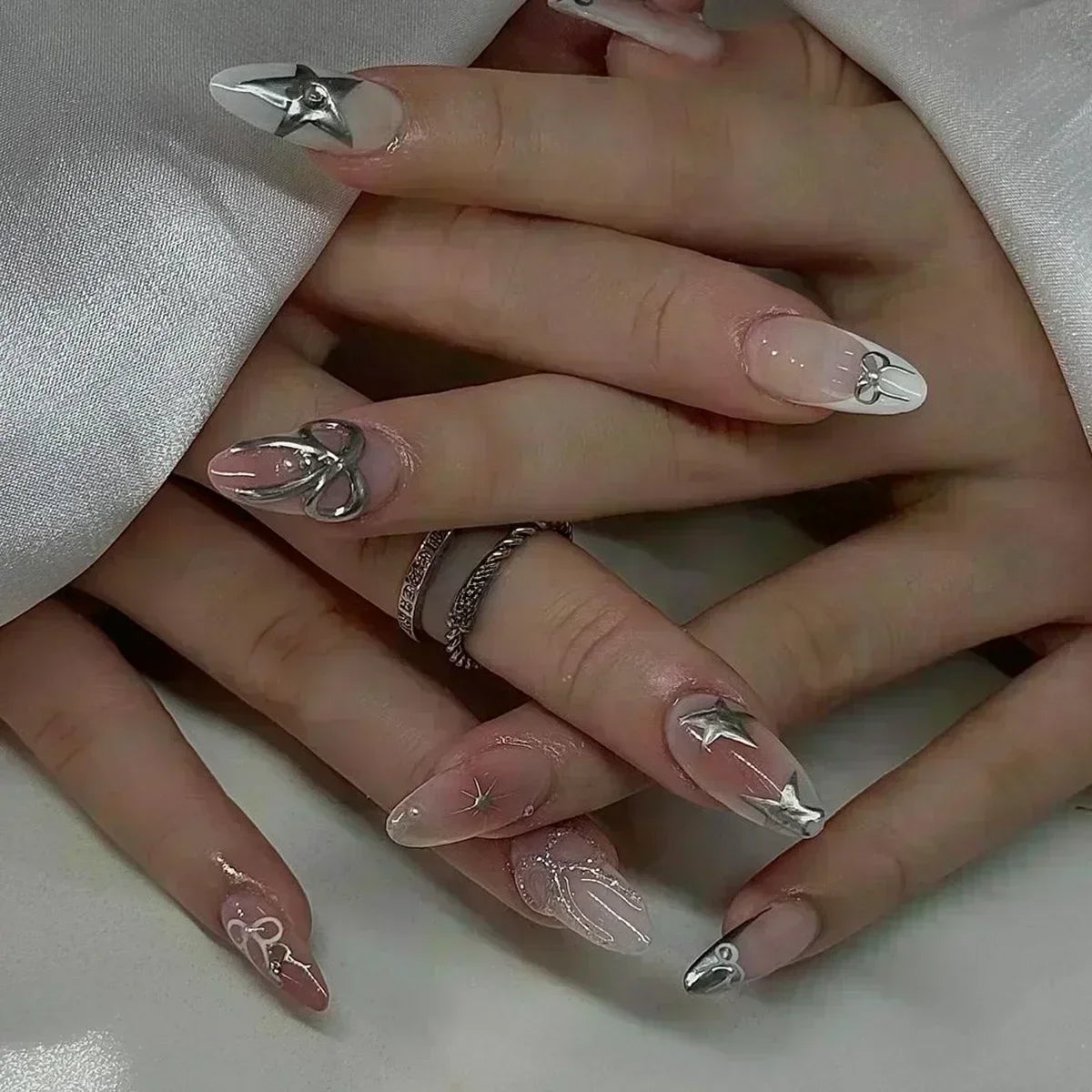Hnewly 24pcs Detachable Flower Almond bowknot French False Nails Stars Love Glitter Design Press on Nails Fake Nials DIY Manicure Nails
