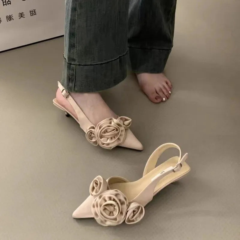 Hnewly New Brand Women Sandal Fashion Flower Ladies Elegant Dress Slingback Shoes Thin Low Heel Dress Mules Pumps