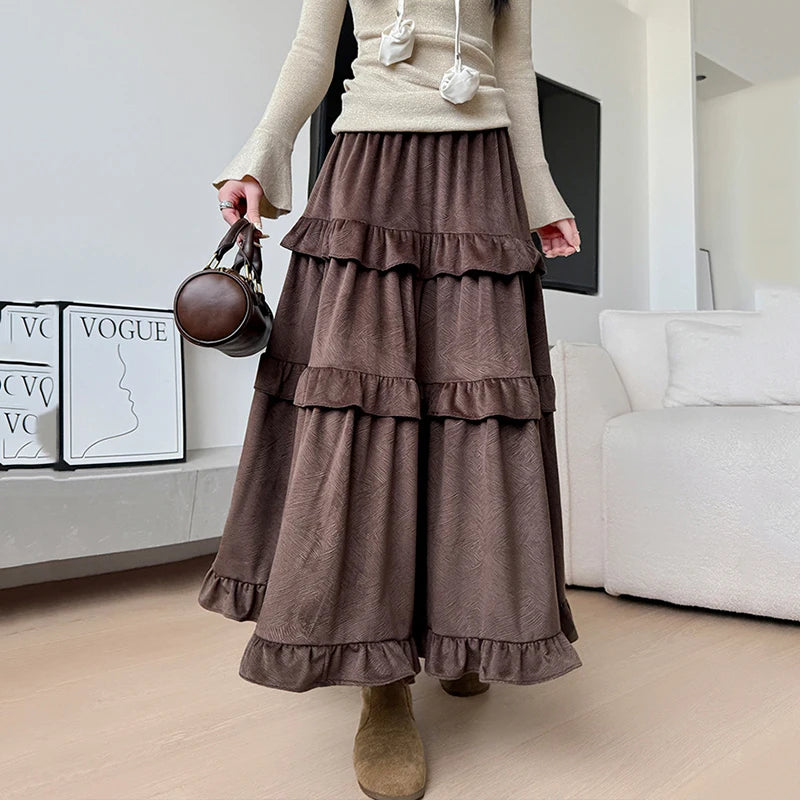 Hnewly  Vintage Ruffles Velvet Long Skirts Women Fashion Elastic High Waist A Line Cake Skirt Woman Autumn Winter Mid Length Skirts