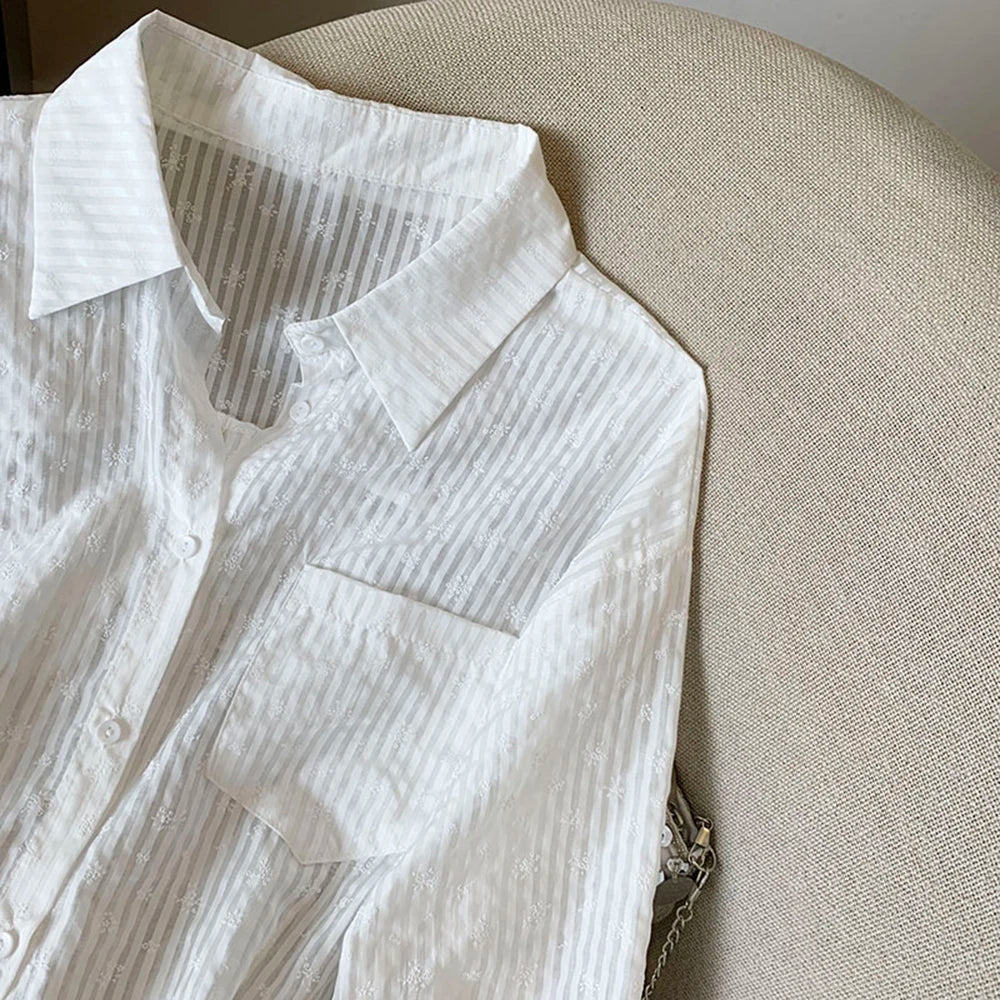 Hnewly  Pink Striped Sun Protection Shirt Women's Summer Thin Single-breasted Outwear Loose Fit Lazy Style Casual Open Front Female Tops