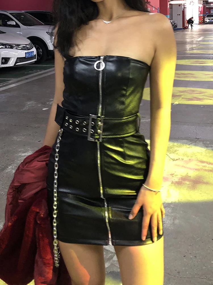 Hnewly Gothic Sexy Pu Dress Women Streetwear Harajuku High Waist Zipper with Belt Chain Boydcon Dress Punk Nighclub Dress