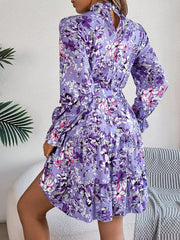 Hnewly  Elegant Mock Neck Belted Ruffle Hem Floral Print Dress For Spring & Fall, Women's Clothing