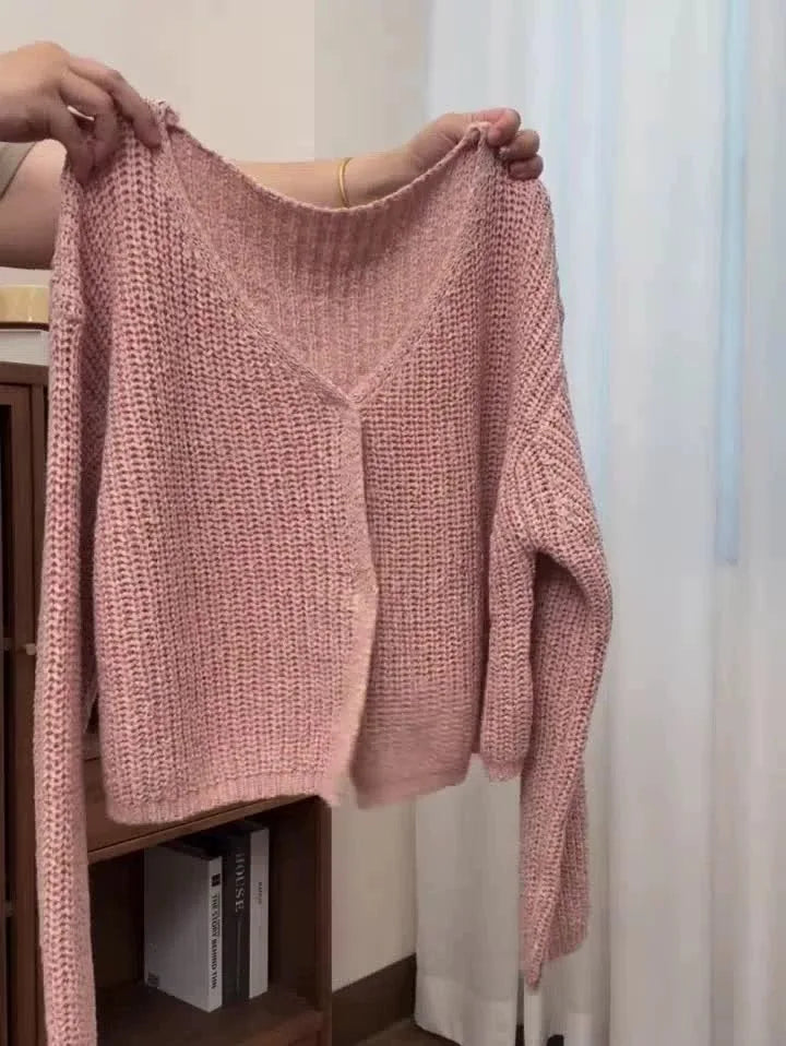Hnewly  Pink Knitted Cardigan for Women Long Sleeve V-neck with Invisible Button Front Sweater Jacket Teen-girl Fall Winter Cute Outfit