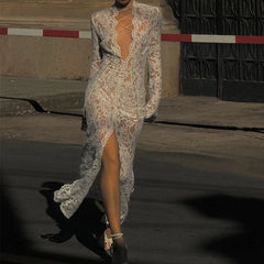 Hnewly  White Lace Hollow Out Maxi Dress Sexy Deep V High Slit Maxi Dress  Lace-up Elegant Slim Dress