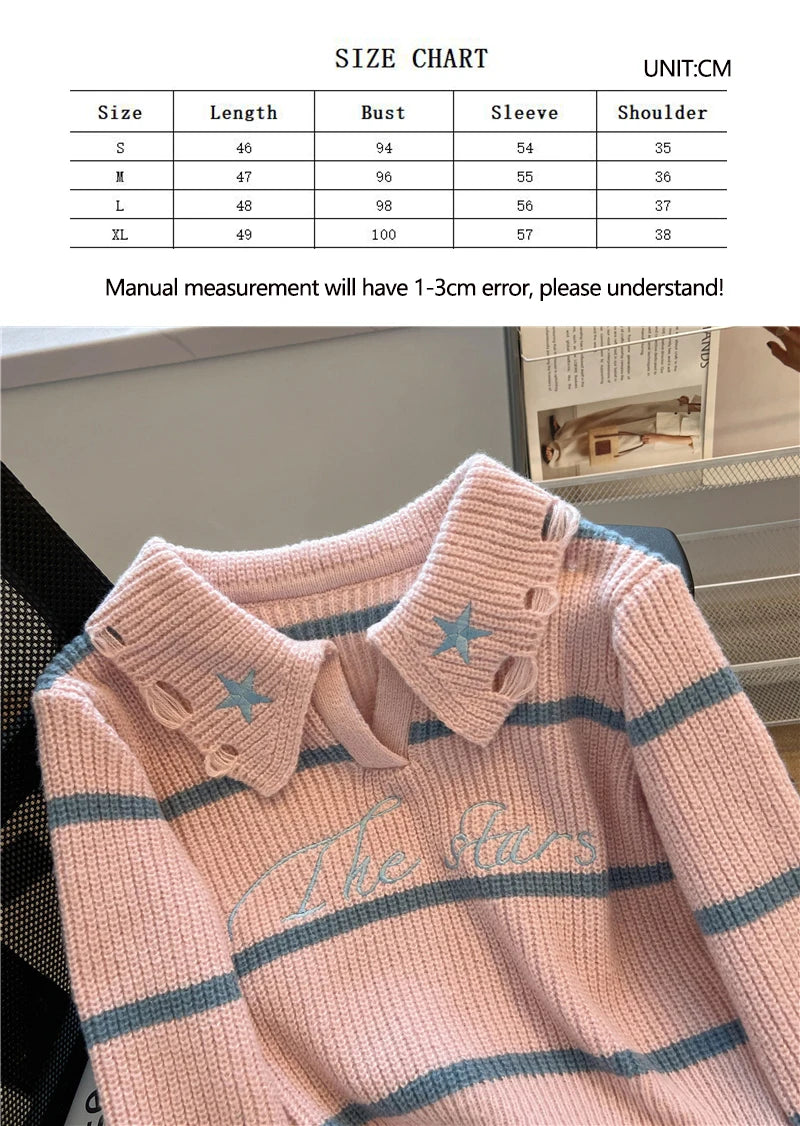 Hnewly  Short Sweater Women's Autumn Winter 2025 New Stripe Hollow Out Fashion Star Letter Knitwear Long Sleeve Top Thicked Pullover