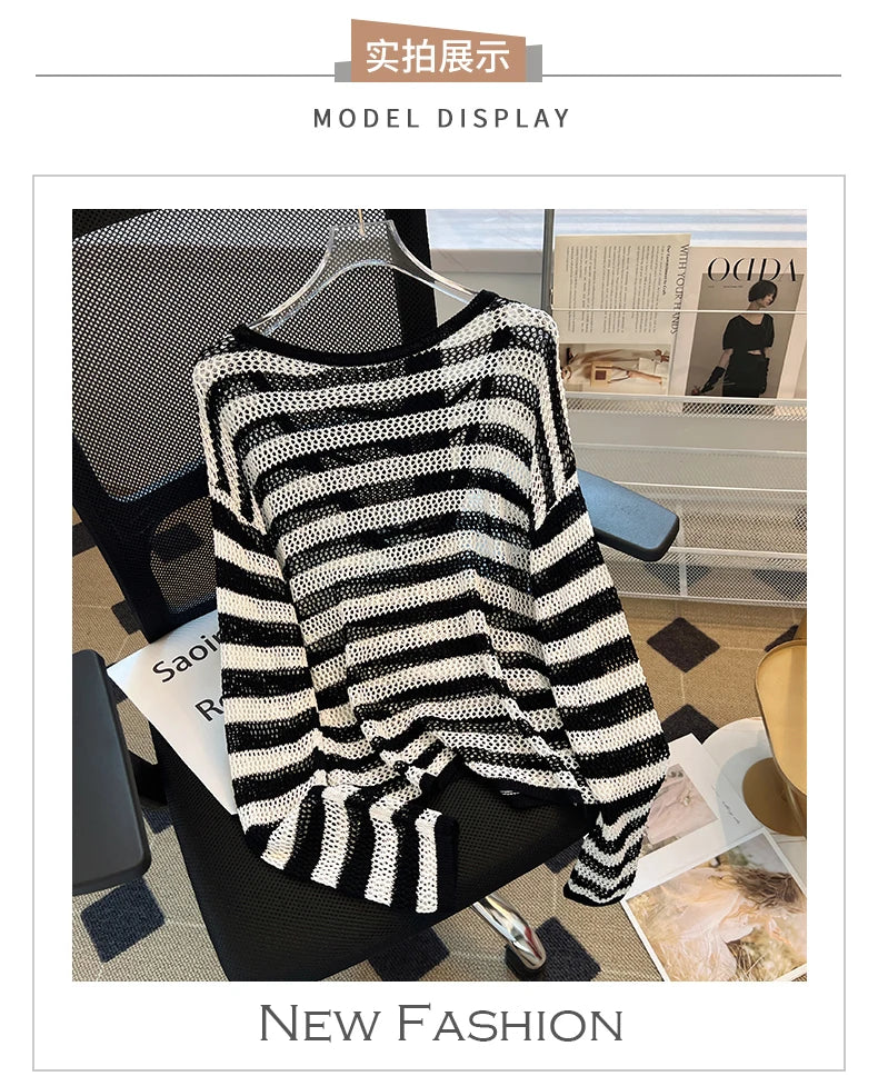 Hnewly Black White Striped Ice Silk Knitted Sweater Women Long Sleeved Loose Lazy Style Mesh Pullover Spicy Girl Hollow Out Top