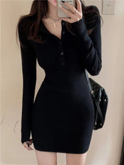 Hnewly Woman Korean High-end Waist Hot Girl Black Hip Dress Autumn Winter New Style Long Sleeved Knitted Short Vestidos