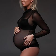 Hnewly  Stretch Black Mesh Maternity Photo shoot Bodysuit Soft Fabric Pregnancy Lace Top Pregnant Woman Photography Dresses