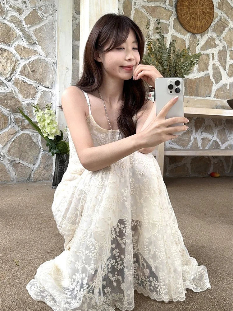 Hnewly Vintage Embroidered Women Camis Dress Korean Chic Spaghetti Straps Midi Dress Y2K Ladies Elegant Beach Party A Line Dress