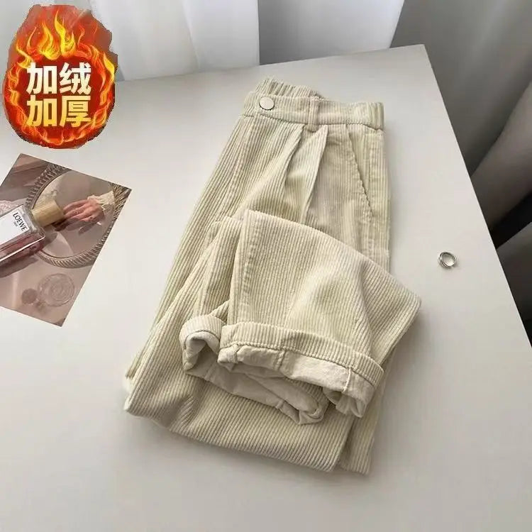 Hnewly Retro High Waist Corduroy Pants Women Spring Fall Straight Causal Full Length Trousers Korean Fashion Baggy All Match Black Pant