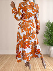 Hnewly  Women's Floral Dresses Casual Print Long Sleeve Maxi Shirt Sundress Bohemian Pleated Slit Beach Bodycon